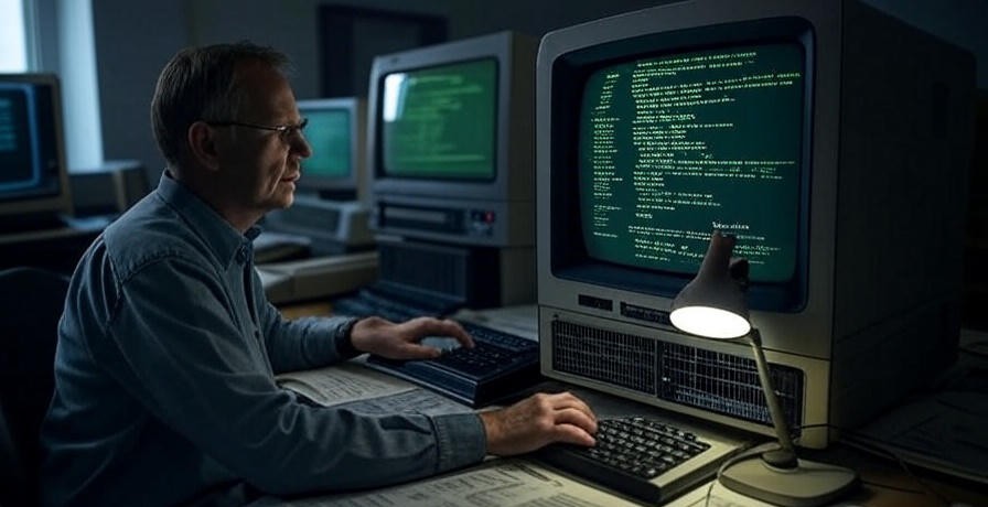 A 1960s computer lab scene showing a programmer working with ALGOL code on an old terminal.