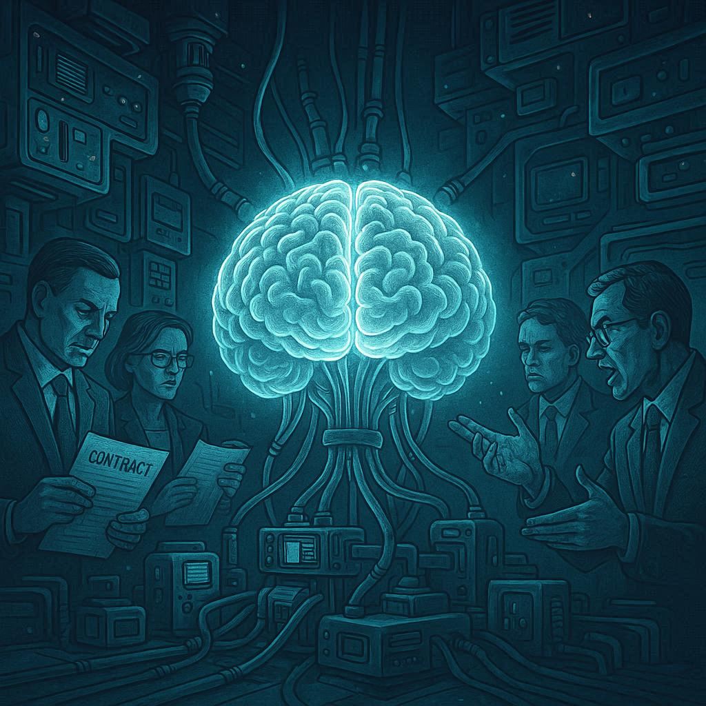 Illustration of ethical and legal dilemmas in brain-computer interfaces showing human brain data being analyzed by corporations and lawyers debating ownership rights.
