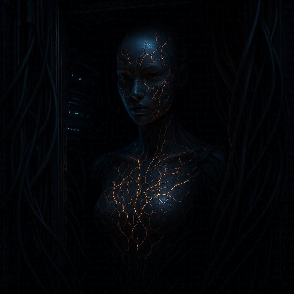 An AI model visualized as glowing lines hidden inside a futuristic data center, representing Shadow AI emerging in production
