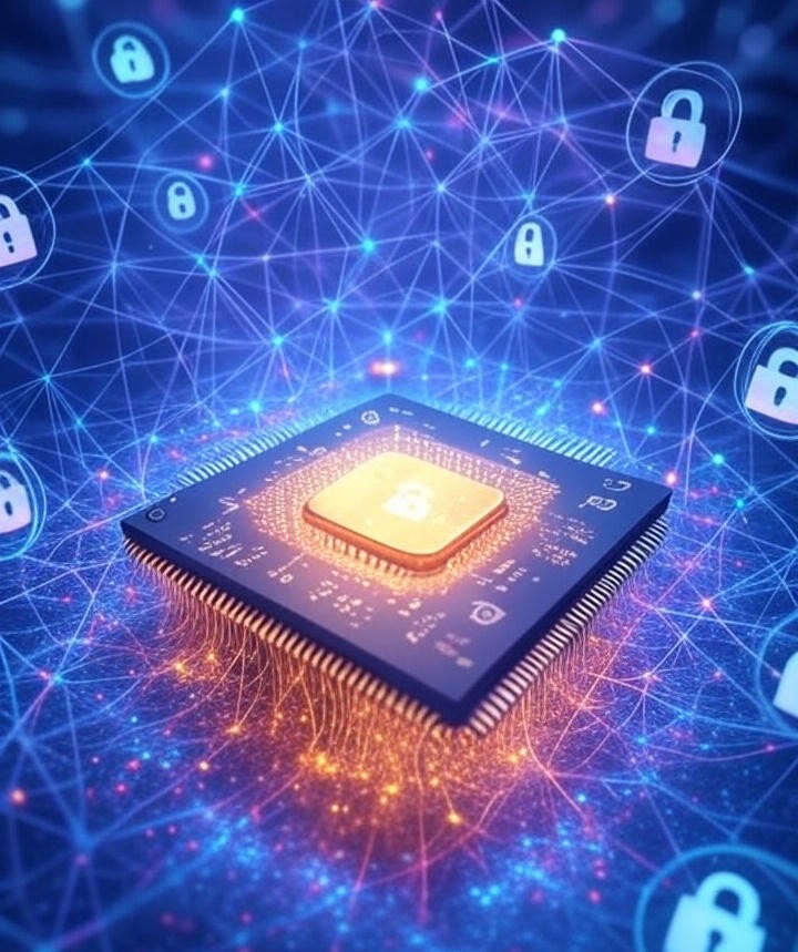 Quantum computer chip with AI neural networks and encryption symbols illustrating the impact of quantum breakthroughs