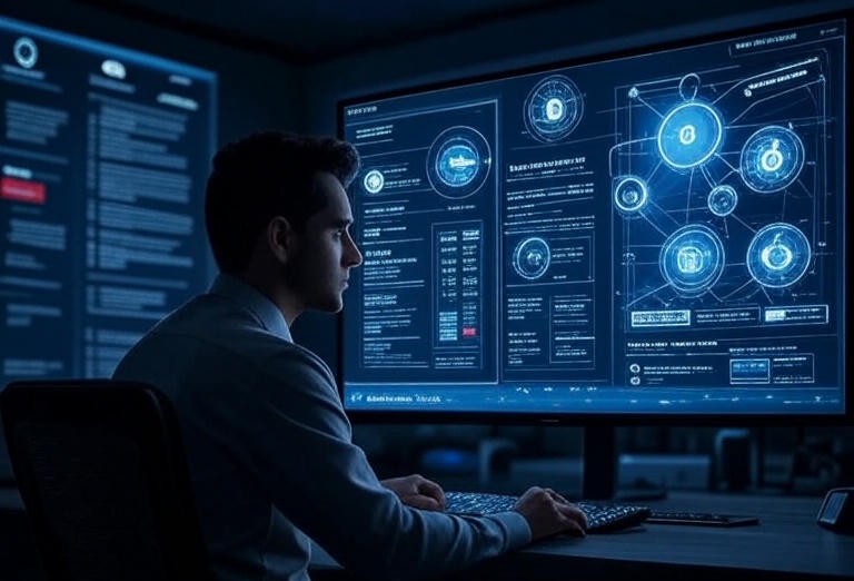 Cybersecurity dashboard visualizing AI detection and defense strategies against weaponized language models