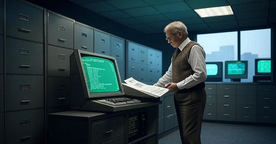 An 1980s mainframe room showing COBOL code on a terminal screen alongside business data and printed reports.
