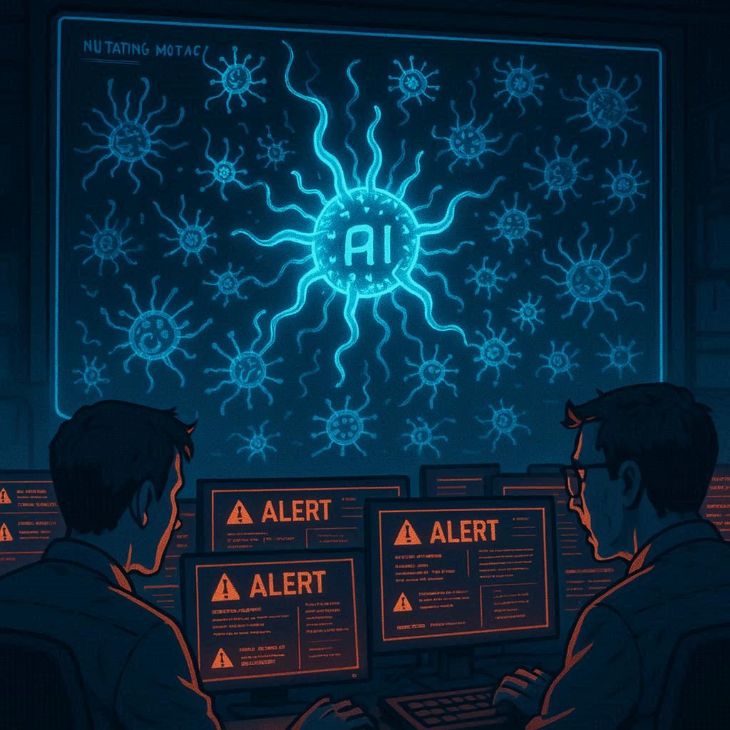 Visualization of cybersecurity defenses failing to keep up with fast-mutating AI viruses.