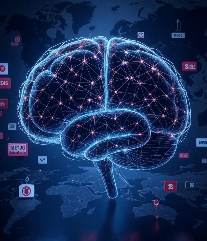 Dark AI brain symbolizing weaponized AI language models spreading misinformation globally