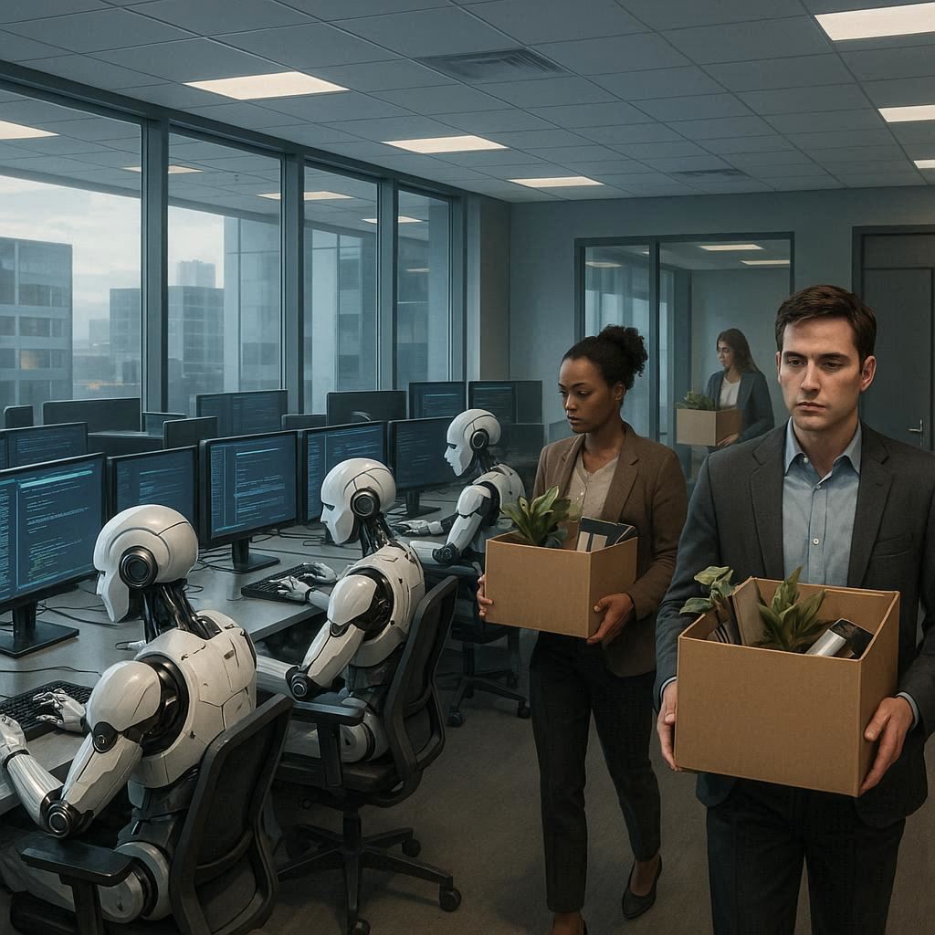 AI assistants replacing white-collar workers in an office, highlighting job displacement in professional fields.