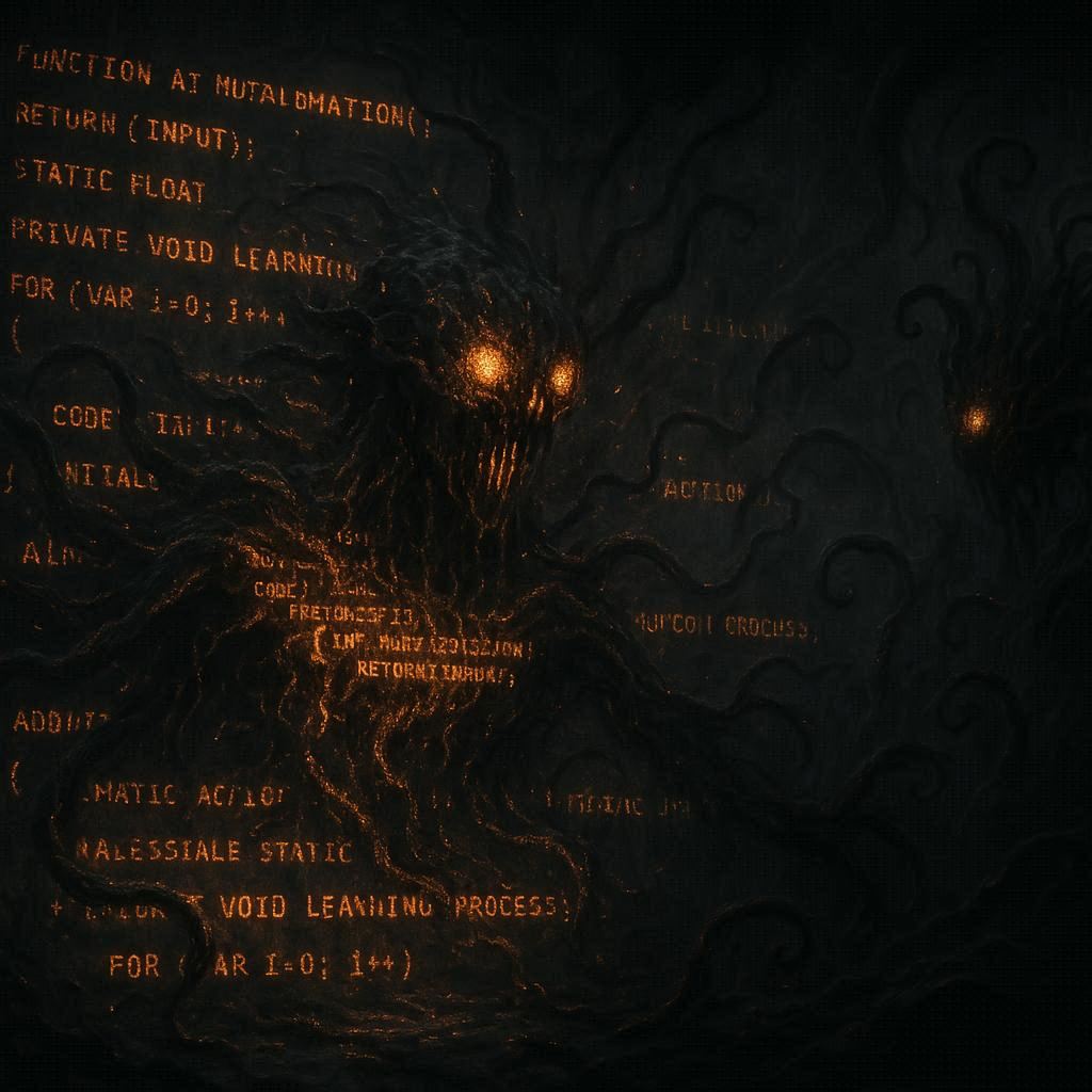 Dramatic AI code mutating unpredictably, representing the risks and ethical concerns of self-improving software