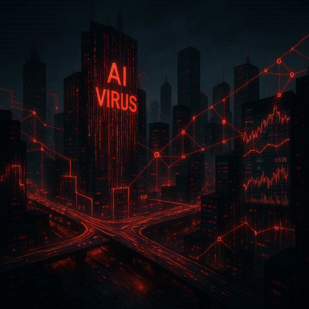 Illustration of a smart city and financial systems collapsing under an AI virus outbreak.