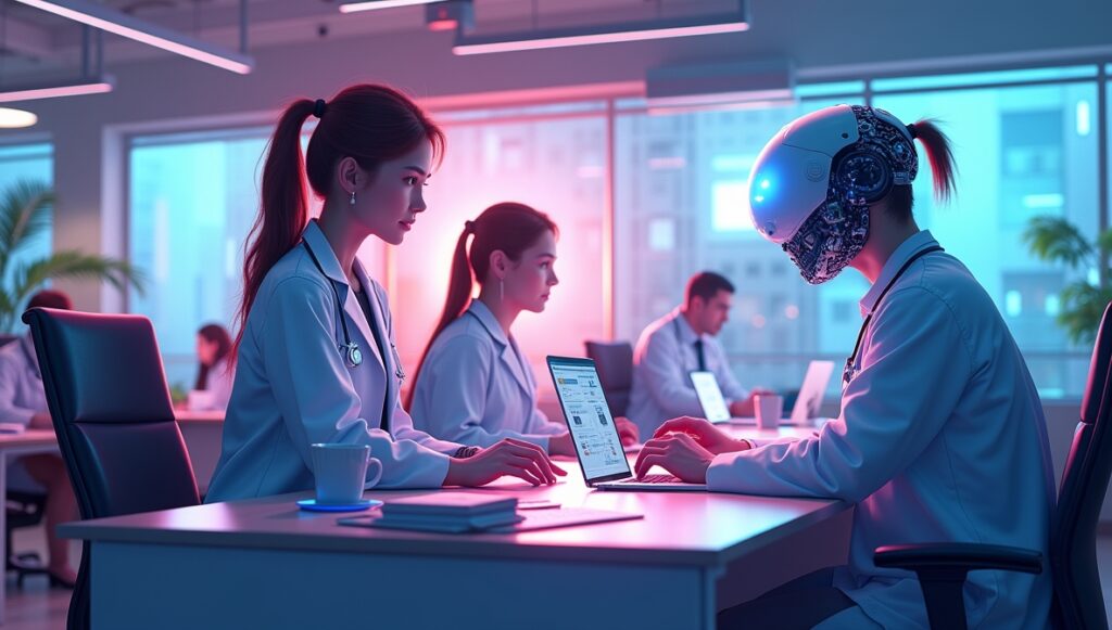 AI creating new job opportunities by collaborating with doctors, teachers, and engineers in the workplace.