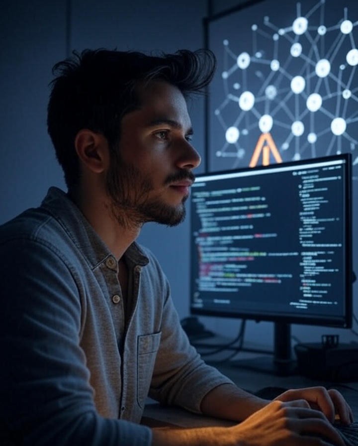 Developer reviewing AI-generated code on a high-tech interface, with logs and explainability tools shown — symbolizing responsible use of AI in coding