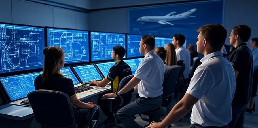 An aerospace control room showing Ada code on large monitors with engineers overseeing aircraft system operations.