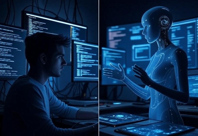 A split-image showing a human developer coding intensely on one side, and an AI assistant effortlessly managing code on the other — representing the trade-off between control and convenience.