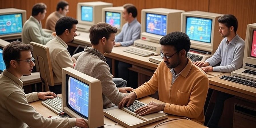 A Xerox PARC lab scene from the 1970s showing developers working with Smalltalk’s graphical interface and object-oriented code.