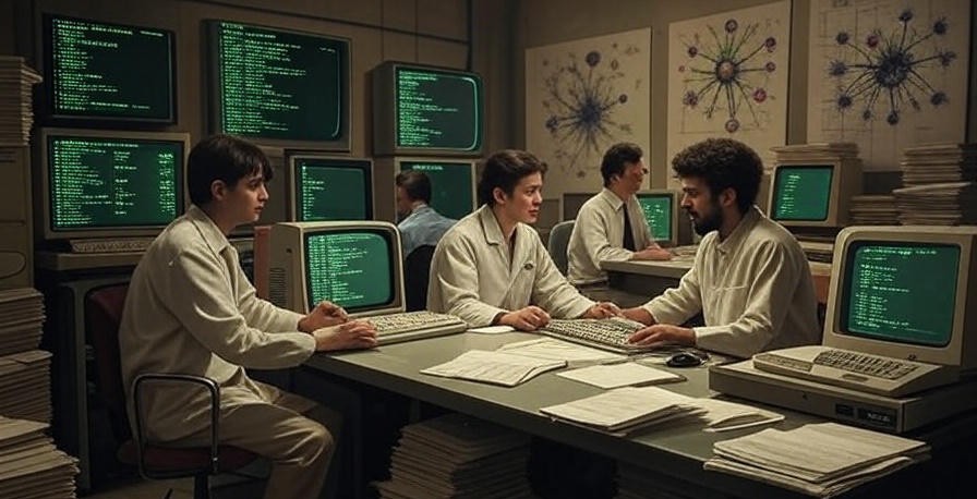 A 1970s AI research lab with Lisp code on terminal screens and researchers working on symbolic processing diagrams.