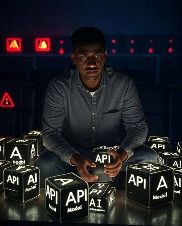 A developer facing mysterious black box systems labeled API, AI, and Model, symbolizing the opaque nature and hidden risks of modern tech tools.