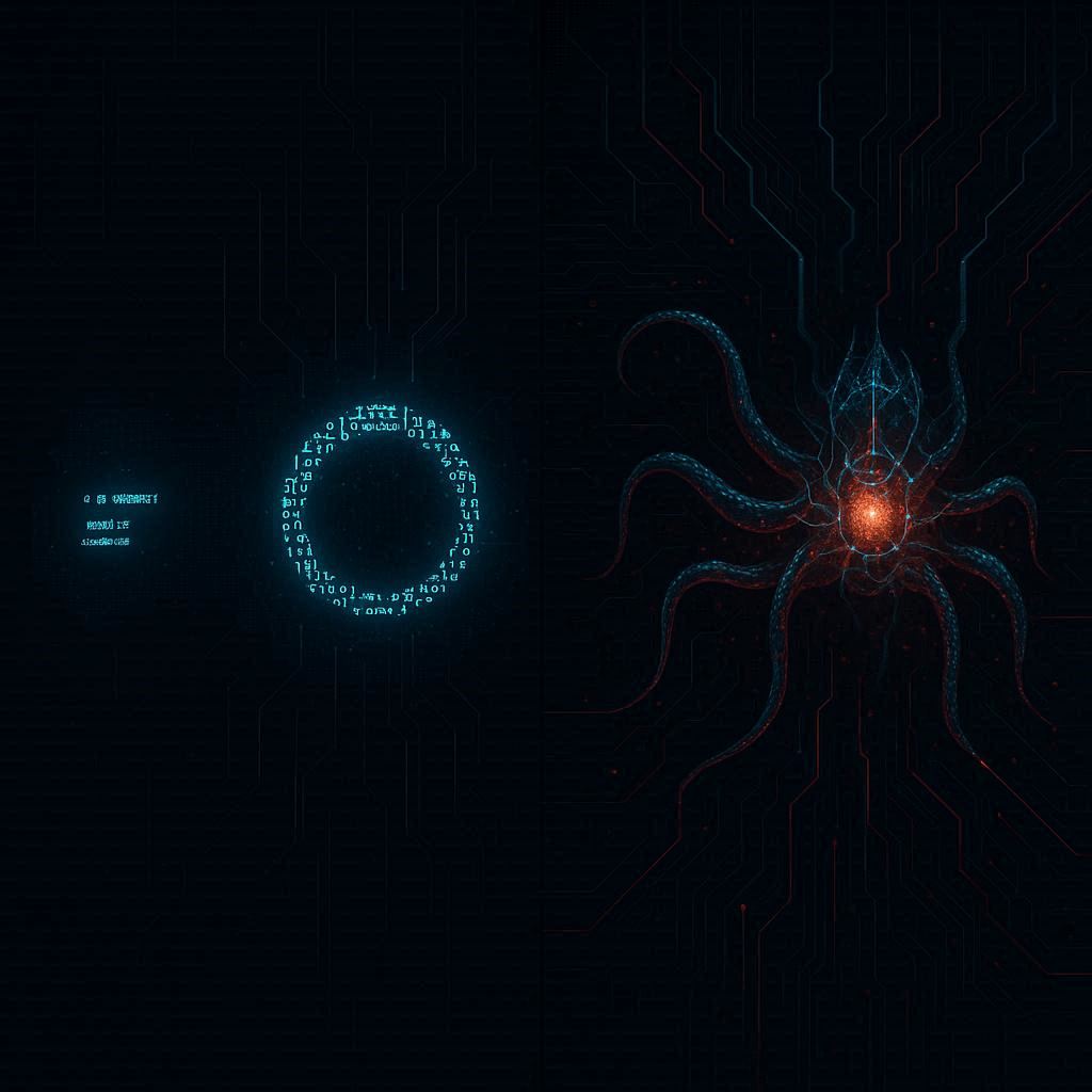 Futuristic visualization of an AI virus evolving in stages, becoming more complex as it spreads.