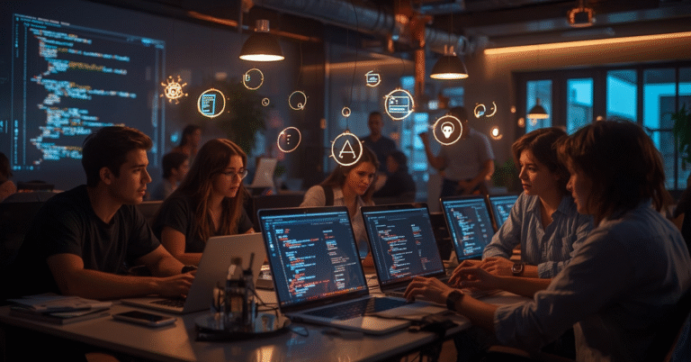 a diverse group of developers collaborating on open source projects