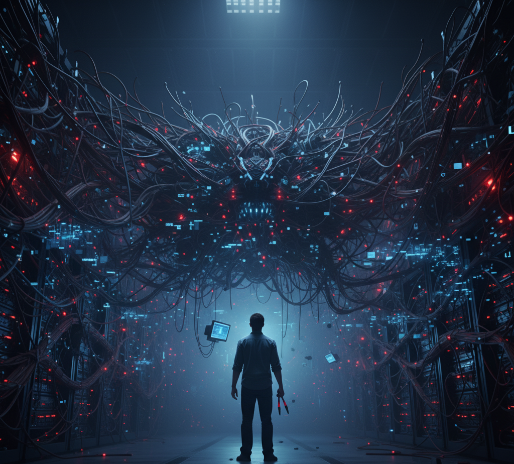 A lone developer standing in front of a massive, tangled wall of cables (representing the code), holding a small pair of wire cutters