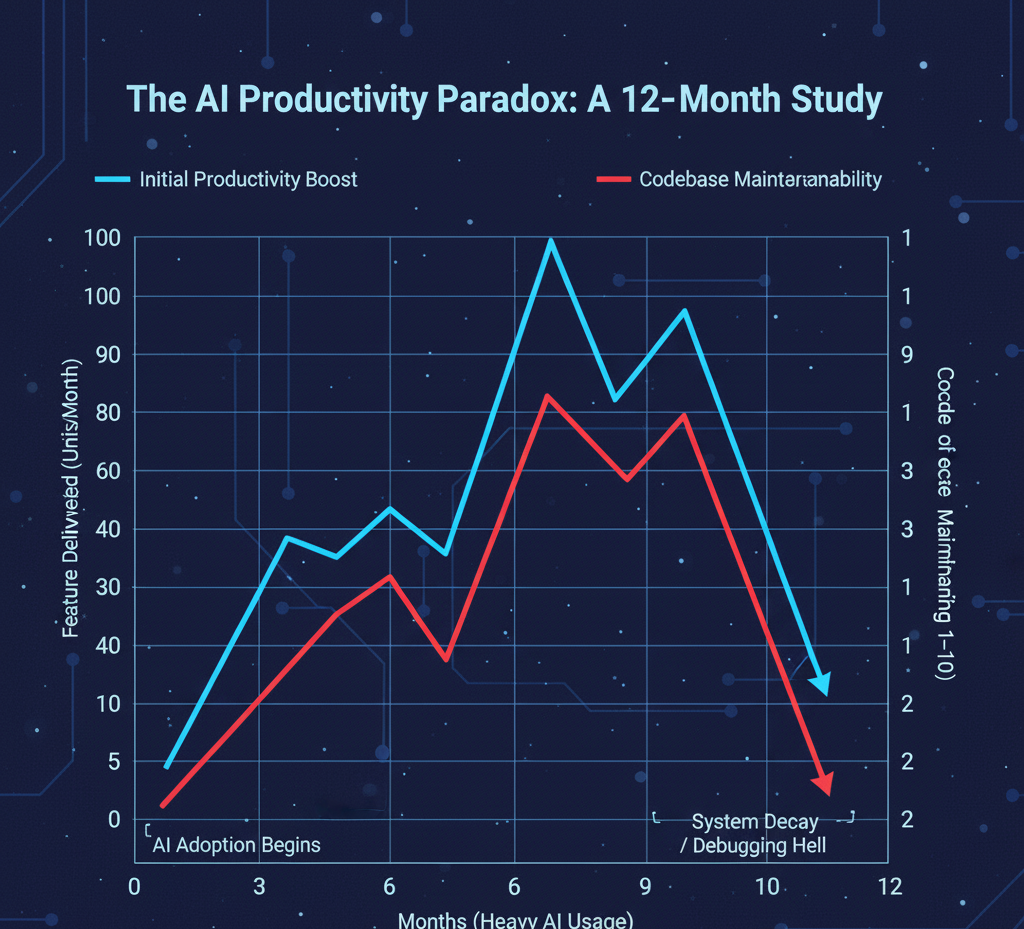 A line chart comparing "Feature Delivery Speed" (going up) vs. "Codebase Maintainability" (crashing down) over a 12-month period of heavy AI usage