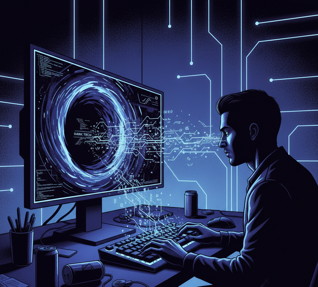 A high-contrast illustration of a developer typing on a keyboard where the monitor is a dark void or black hole sucking in the code